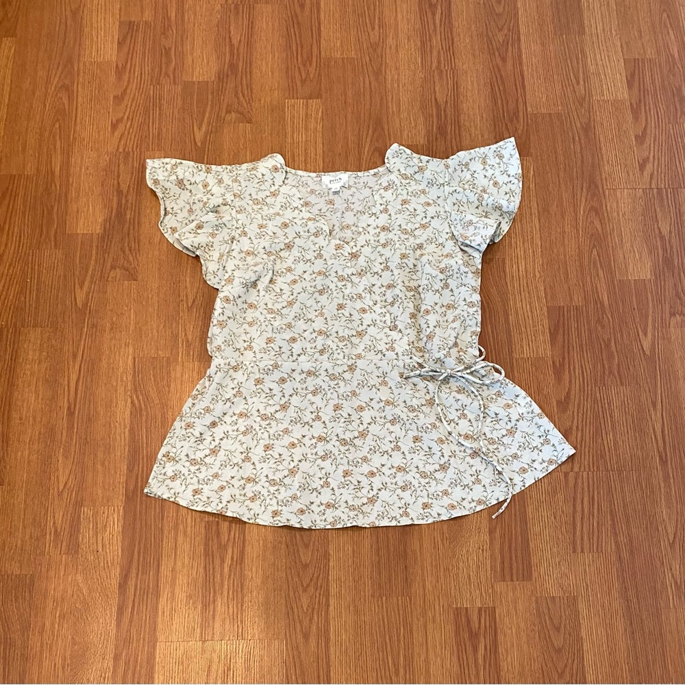 New Plus Floral Print Surplice Top Flutter Sleeve Scallop Waist Tie Peplum Style